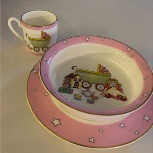 Pink and White Children's Fine Bone China Dish Set with Toy Design